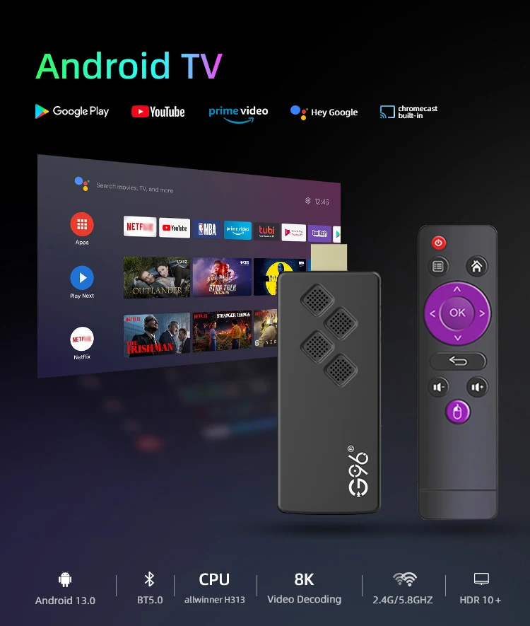 G96 Global Version TV Stick 8K Android13 Portable Streaming Media 2GB 16GB Multi Language TV Dongle Allwinner H313 Quad Core