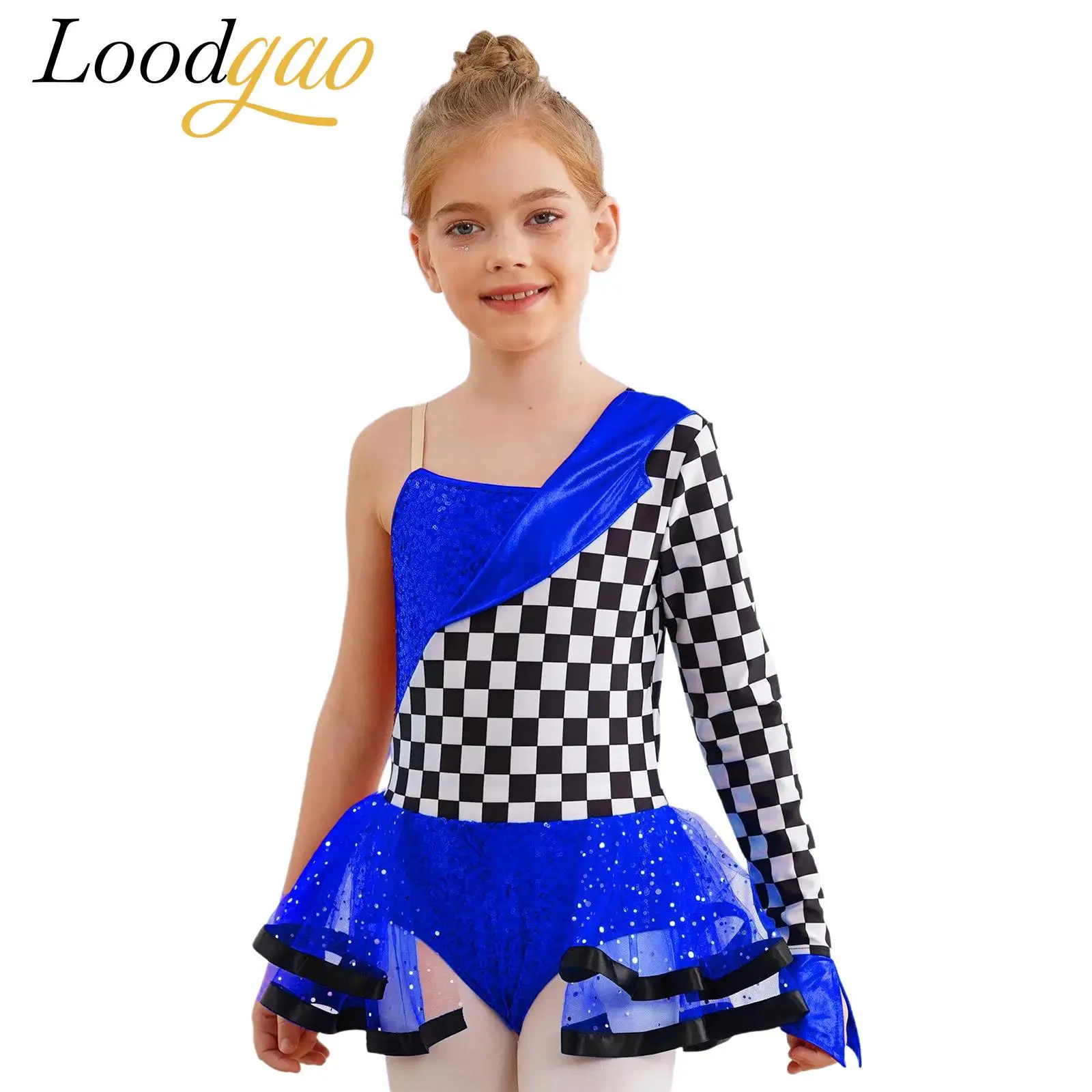

Checkerboard Girls Racer Carnivals Party Dress Driver Race Car Costume Halloween Role Play Outfit Sequins Racing Suit Dress