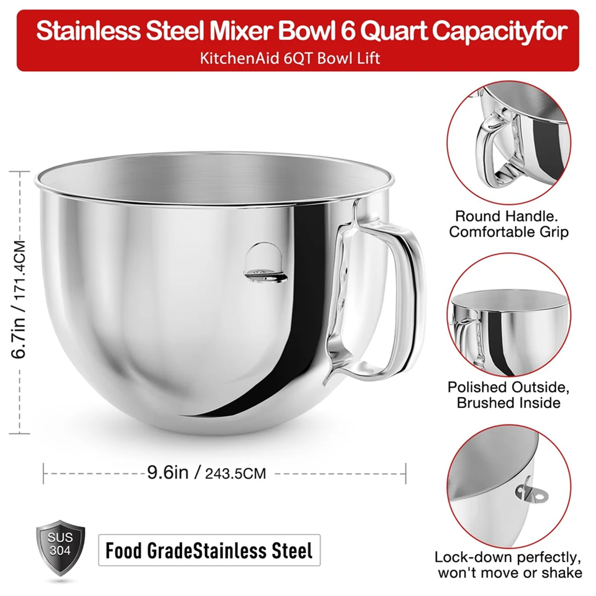 6QT Stainless Steel Mixer Bowl For Stand Mixers, Kitchen Aid Mixing Bowl For 6QT Tilt- Mixer With Handle