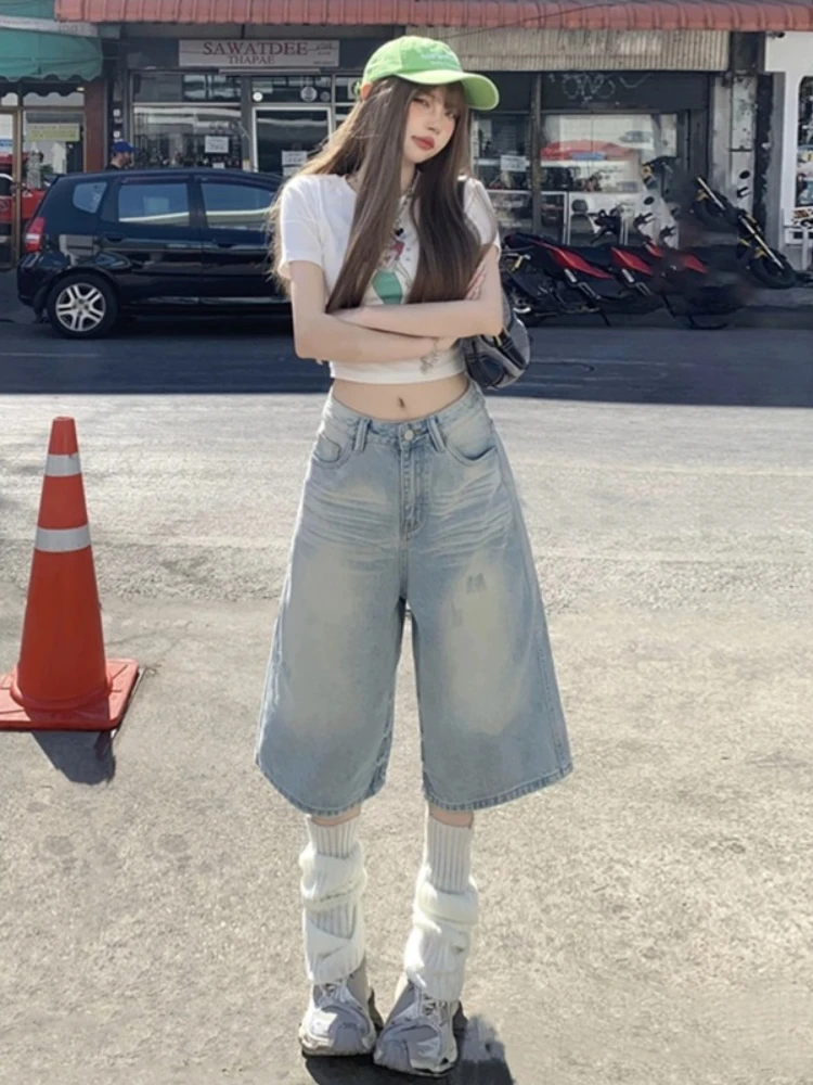 Spring Summer Women Light Wash Distressed Cropped Wide Leg Denim Capri Pants Fashionable American Street Casual Daily Jeans