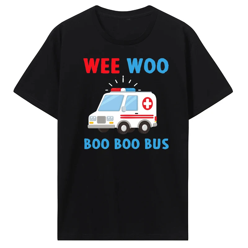 Wee Woo Boo Boo Bus Ambulance Cartoon Printed Short Sleeve Fun First Aid Theme Pure Cotton T-shirt Suitable for Men and Women