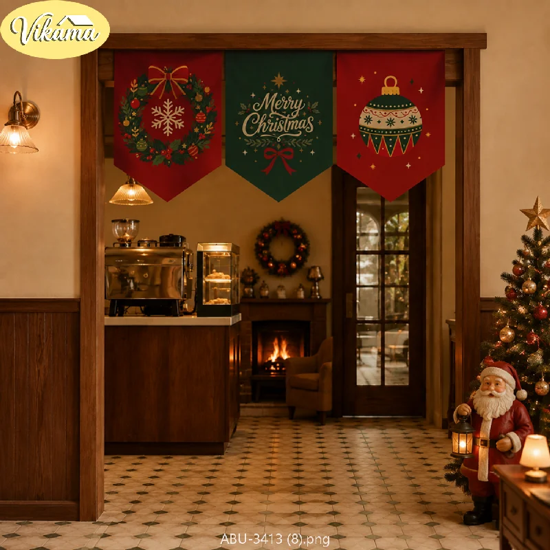 VIKAMA Christmas Merry Xmas Wreath Pennant Banner Snowflake Ornament Ball Red Green Cafe Door Hanging Bedroom Living Room Dorm