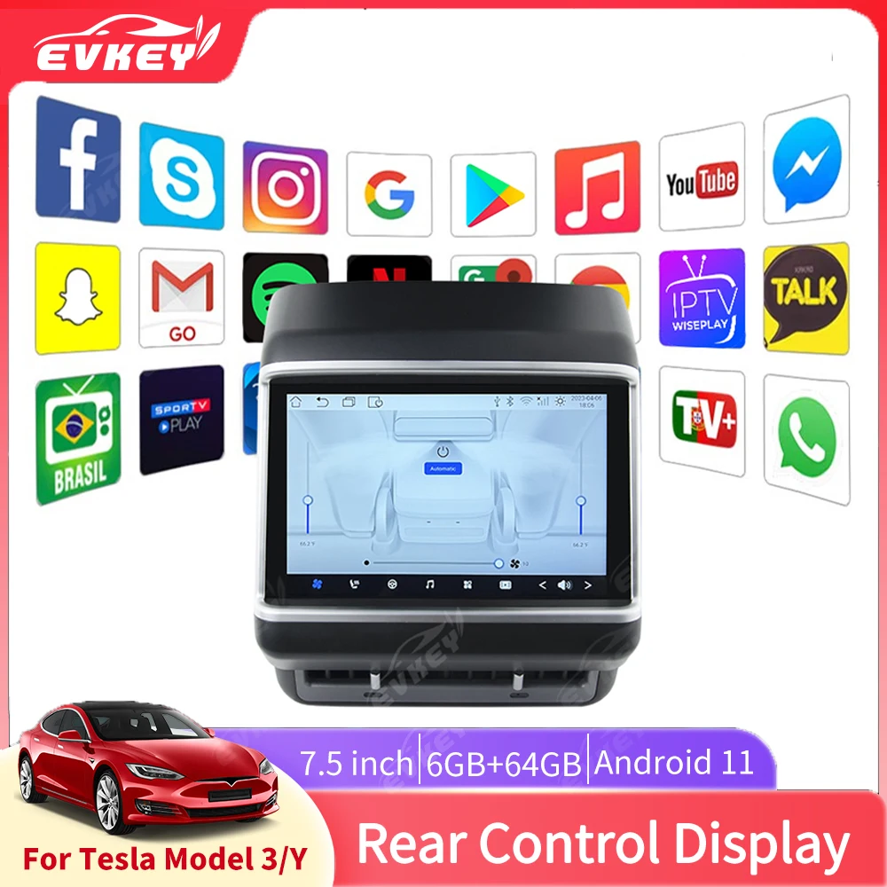 EVKEY 7.5 inch Screen For Tesla Rear Display Air Conditioner Control Panel For Model 3 Model Y Android 11.0 Multimedia Player