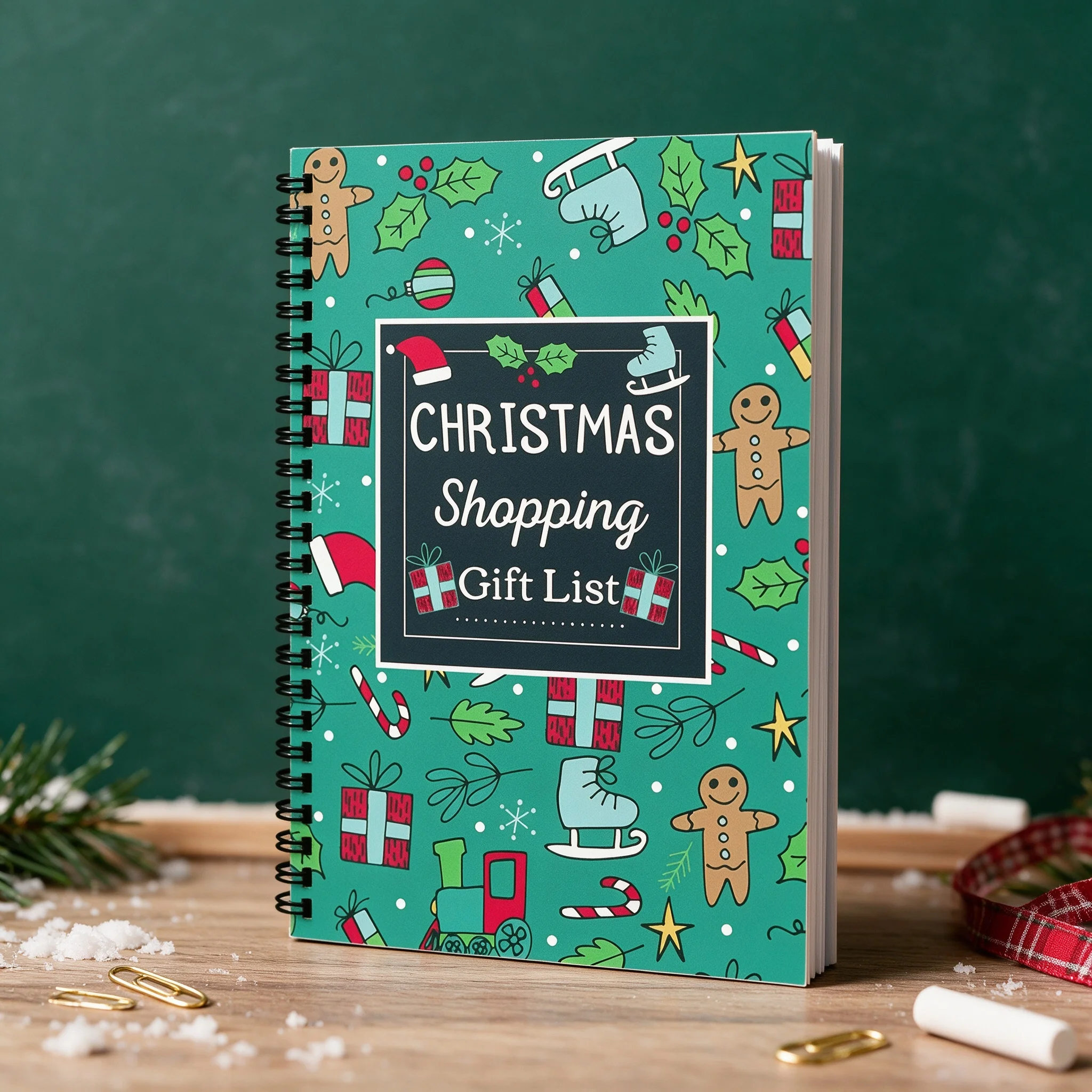 Xmas Stationery Notepad Christmas Gift Planner Shopping List Notebook, Gingerbread Man And Holiday Icons Cover For Gift List