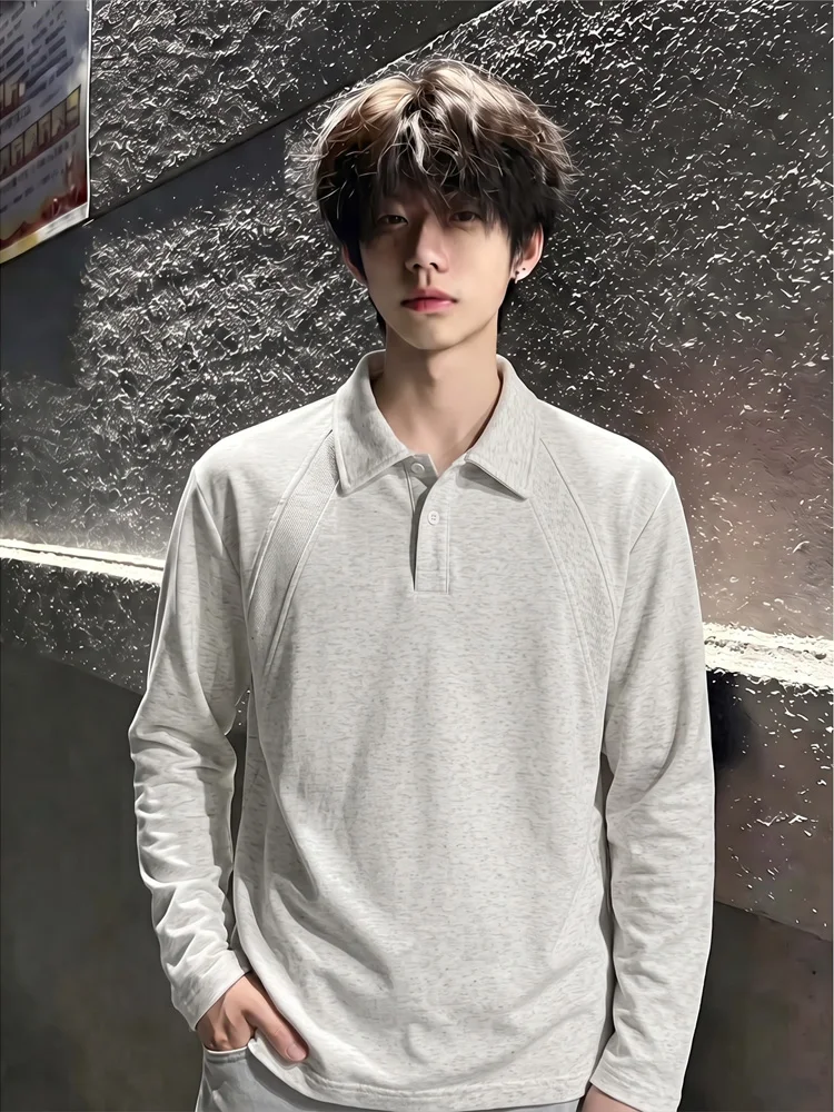 Trendy American Style Long Sleeve  Shirt Men's Early Autumn Gray White Flower Thread Splice Cuff T-Shirt Fashionable Swea...