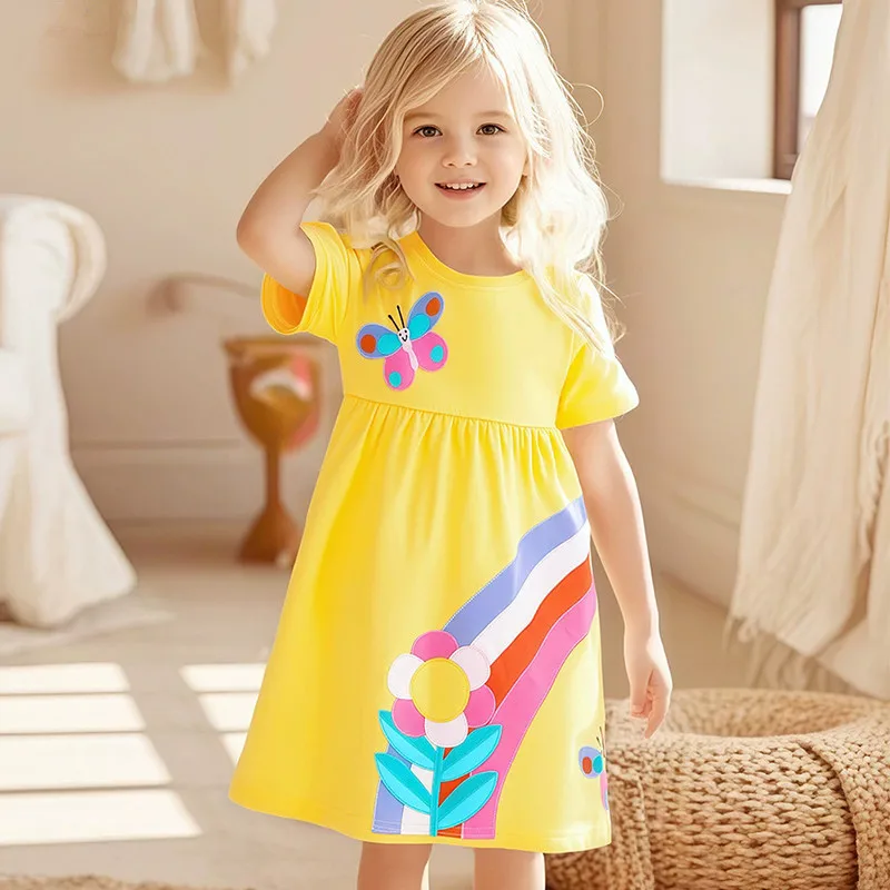 

New Summer 2-7 Years Princess Baby Girls Dresses Dots Ice Cream Applique Clothing Cotton Party Birthday Kids Short Sleeve Frocks