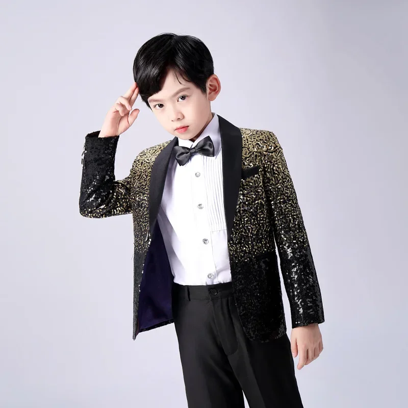 Baby children handsome personality fashion color gradient sequins boy dress stage catwalk piano show suit boy suit Four Seasons