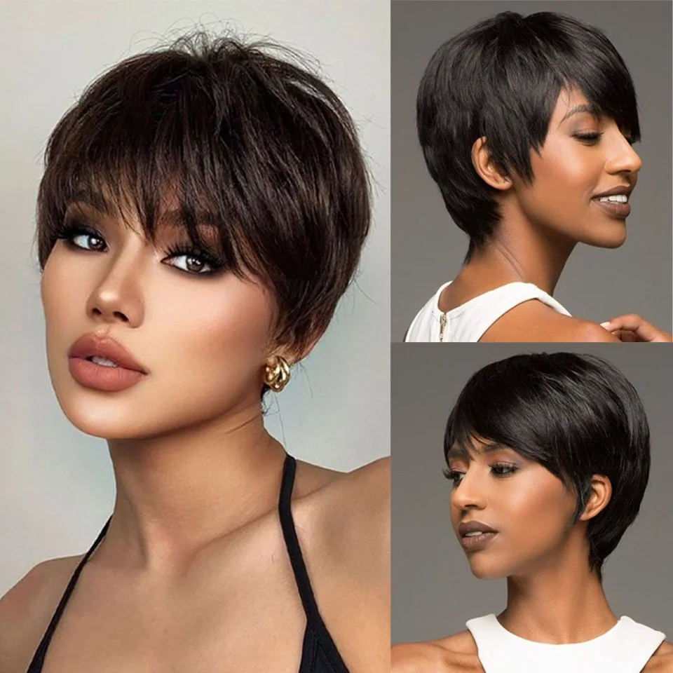 Pixie Cut Wigs Human Hair Wigs For Women Full Machine Made Human Hair Wigs Brazilian Remy Hair Wigs With Bang Short Bob Wigs