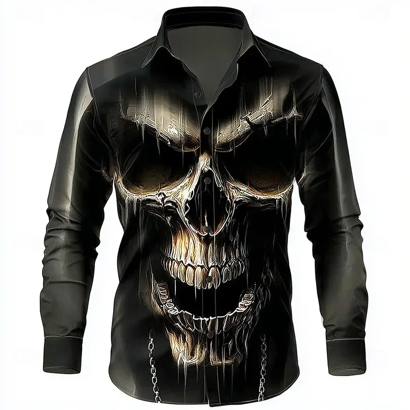 

2026 High Fashion Skull Print Shirt Men Designer Long Sleeve Blouse Streetwear Luxury Gothic Style Slim Fit Casual Top Black
