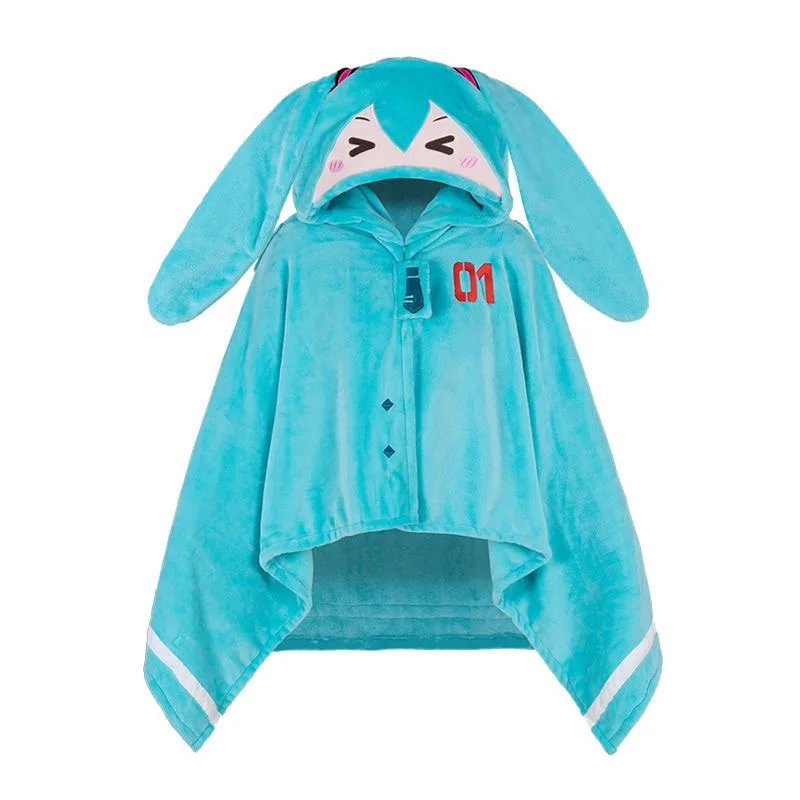 Hatsune Miku Cartoon Kawaii Multifunctional Car Warm Hooded Shawl Nap Blanket Air Conditioning Blanket Soft Cute Warm Cloak Gift