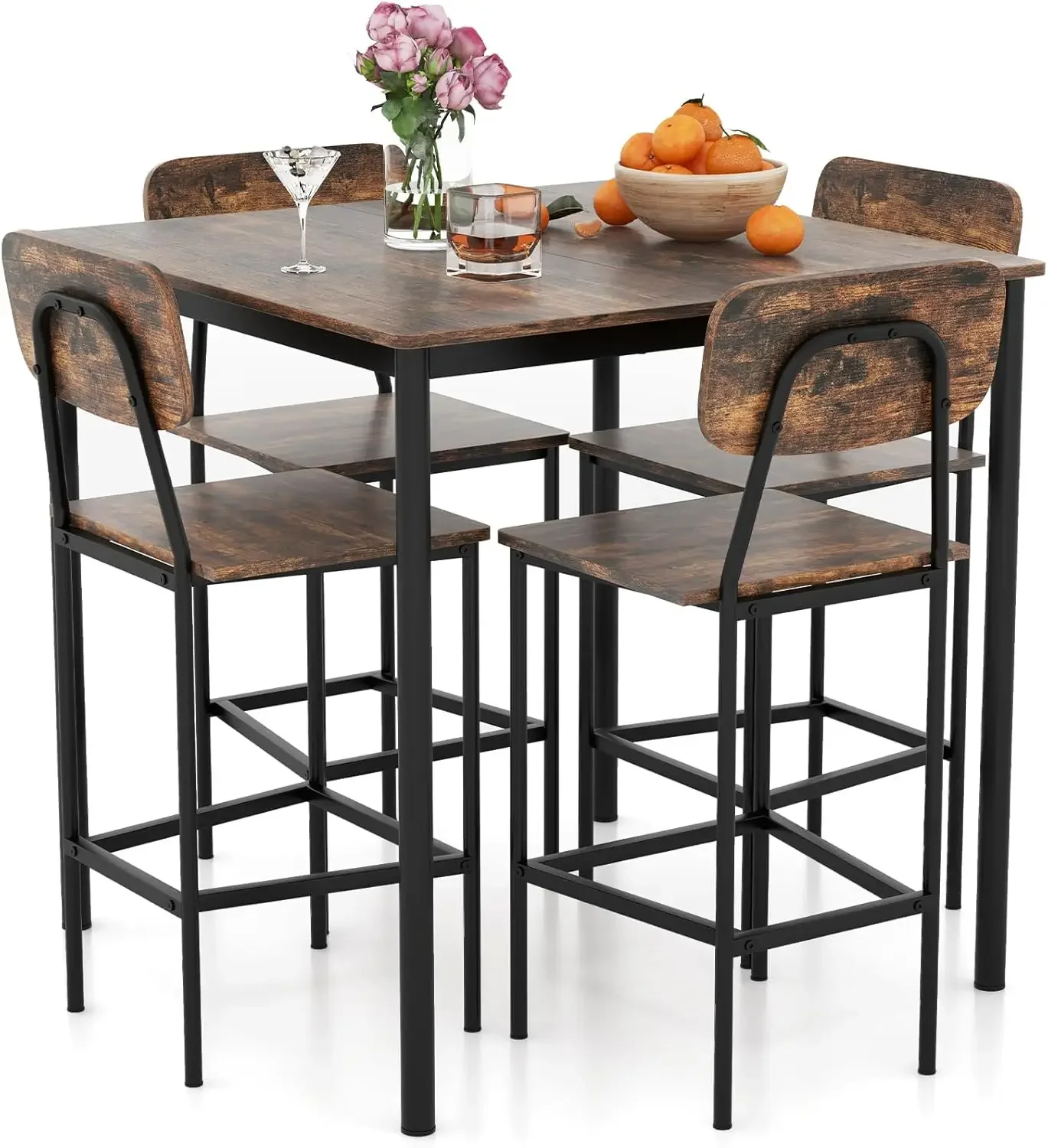 5-Piece Dining Table Set W/Counter Height Table & 4 Bar Stools, Industrial Kitchen Dining Set W/Footrest & Backrest, Spa