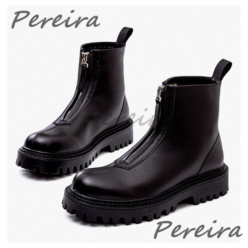 Men's Round Toe Thick Soled Motorcycle Boots Retro Black Leather Front Zipper Short Boots Autumn Winter British High Top Shoes