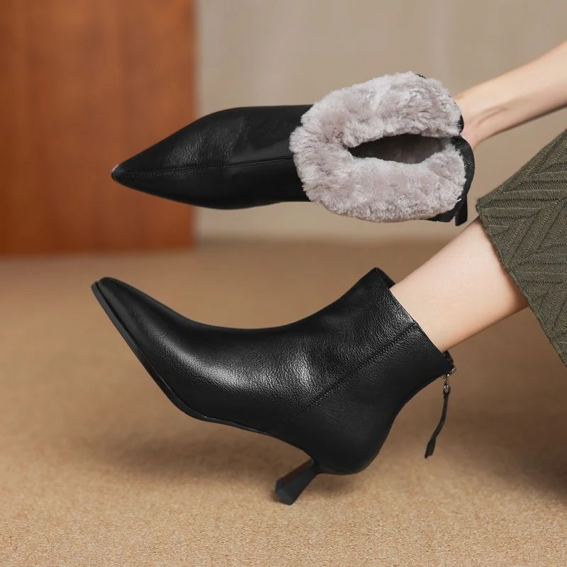 Fashion Pointed Toe Mid Heel Short Boots Warm Rabbit Fur Winter Ankle Shoes for Women Versatile Dress Booties