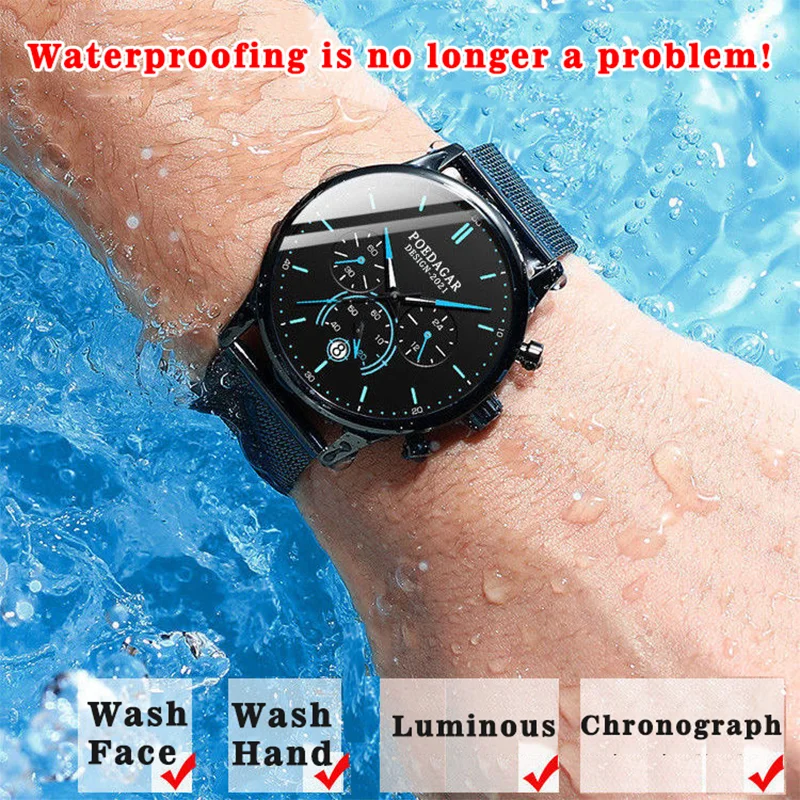 POEDAGAR Korean Style Mens Watch Sport Luxury Brand Waterproof Calendar Quartz Wristwatches Man Fashion Luminous Stopwatch Clock