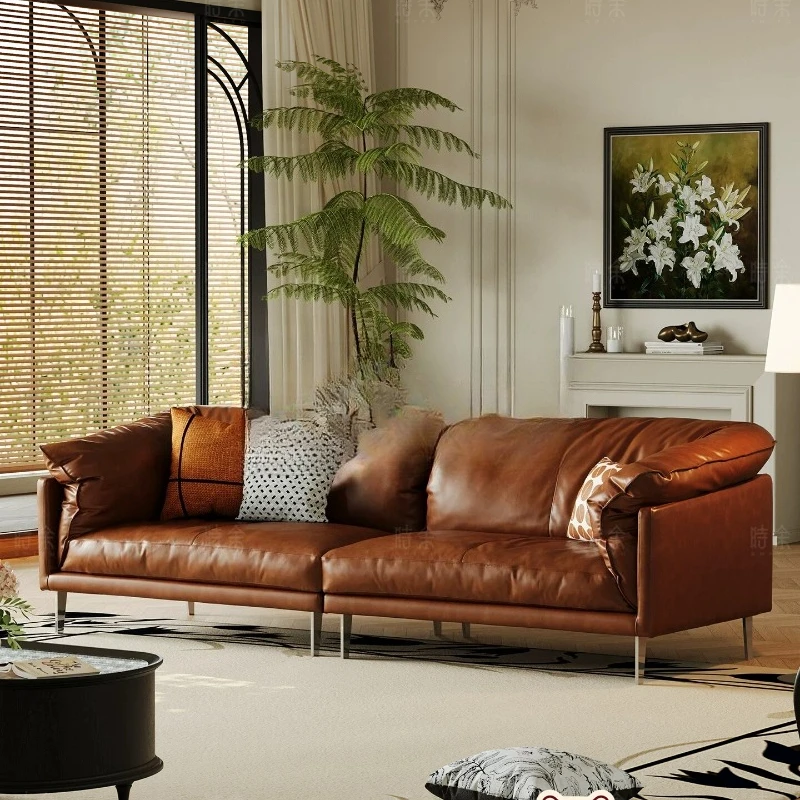 French vintage leather sofa small apartment living room vintage style top layer cowhide sofa arm sofa