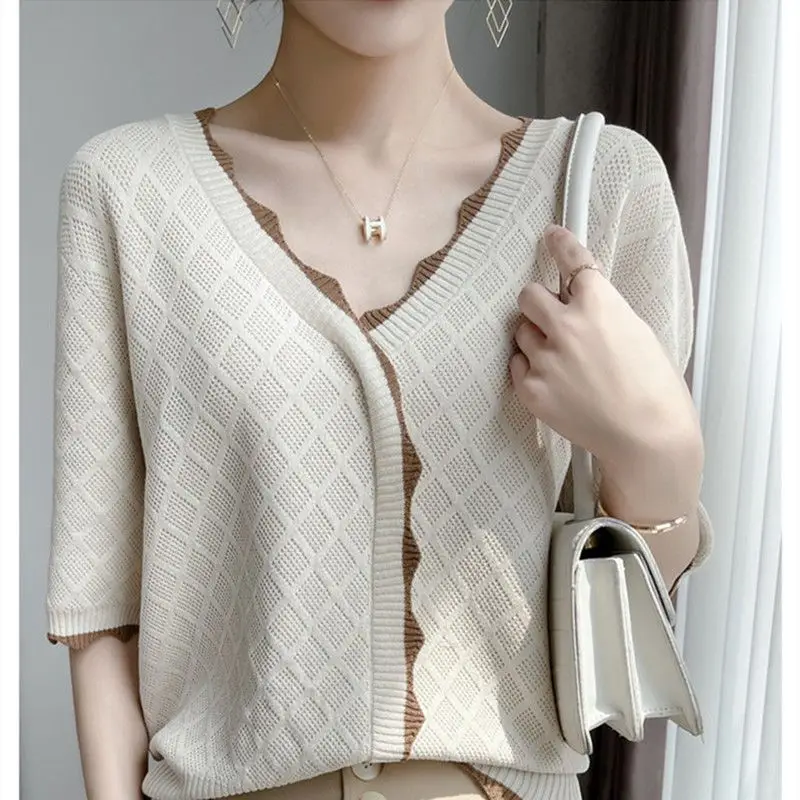 

Small Fragrance Style V-neck Ice Silk Sweater Short Sleeved T-shirt for Women's Thin Hollow Top Loose