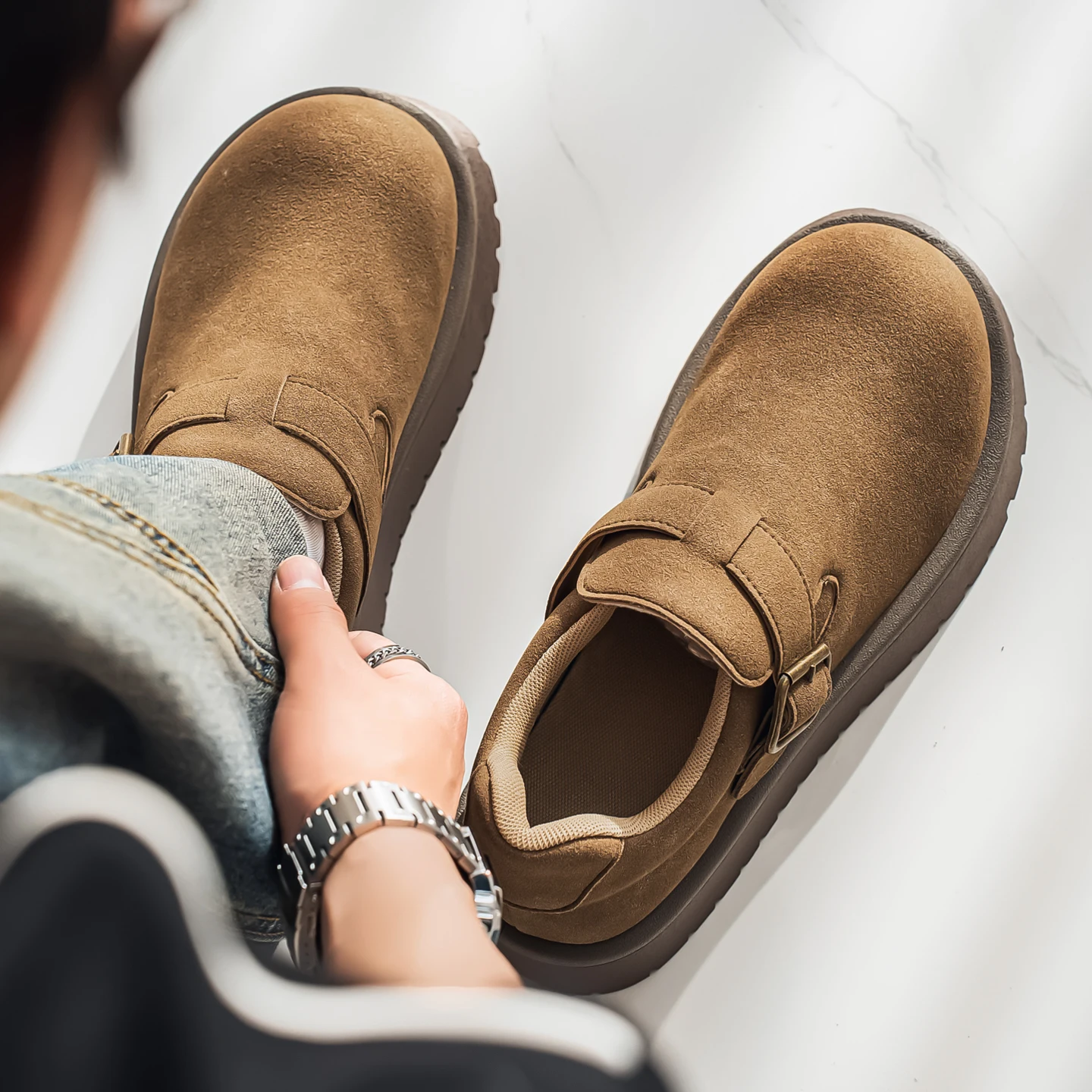 New Men Thick-soled Round-toe Derby Shoes, Retro Sports Style Heightening Versatile Casual Loafers