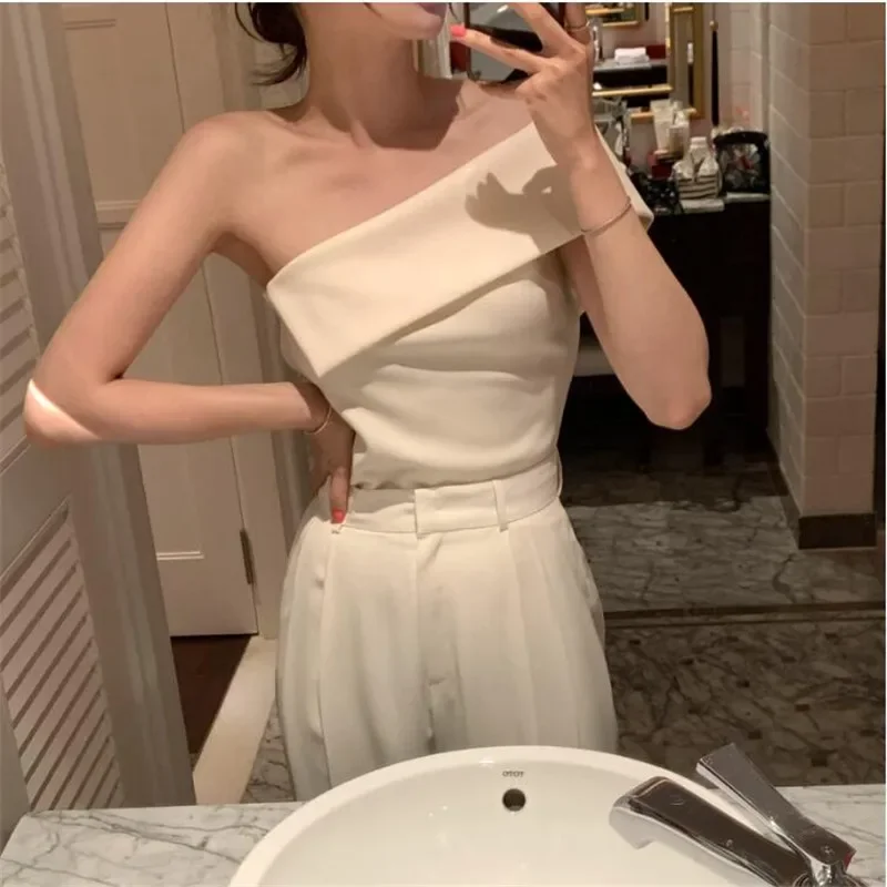 Office Lady Women New Fashion 2 Piece Sets Black Beige Irregular One Shoulder Shirt Top&High Waist Long Wide Leg Pants 2pc Suits