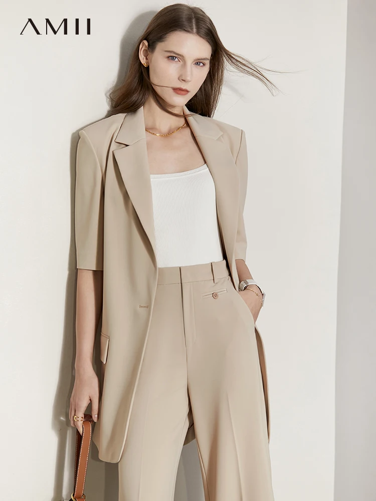 

Amii Minimalism Summer Blazer for Women Short Sleeve Office Lady Long Jacket High Waist Straight Pants Female Trousers 12230101