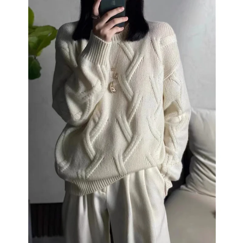 

Foreign style round neck twist flower thick loose cashmere sweater for women lazy knit wool base sweater for autumn and winter