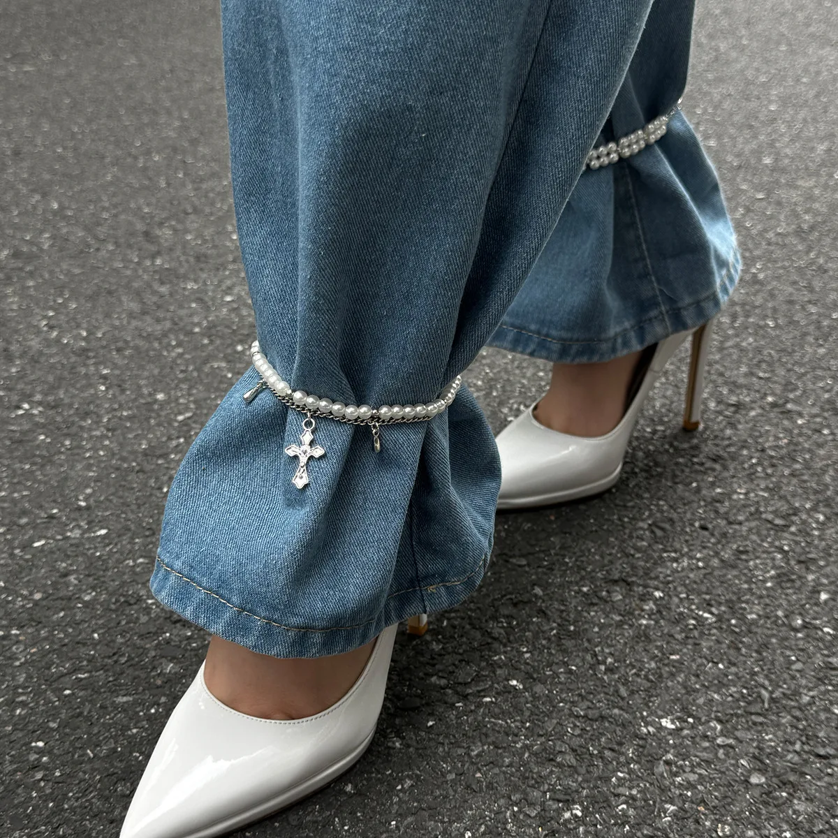 Vintage Cross Pearl Foot Ankle Detachable Jeans Brooch Pearl Button Clasps Cross Pendant Jeans Chain Loose Jeans New