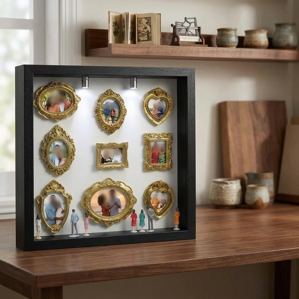 Memory-Aware Shadow Box Kit with 8 Gold Frames and 8 Figurines for Intentional Curation of Significant Life Chapters