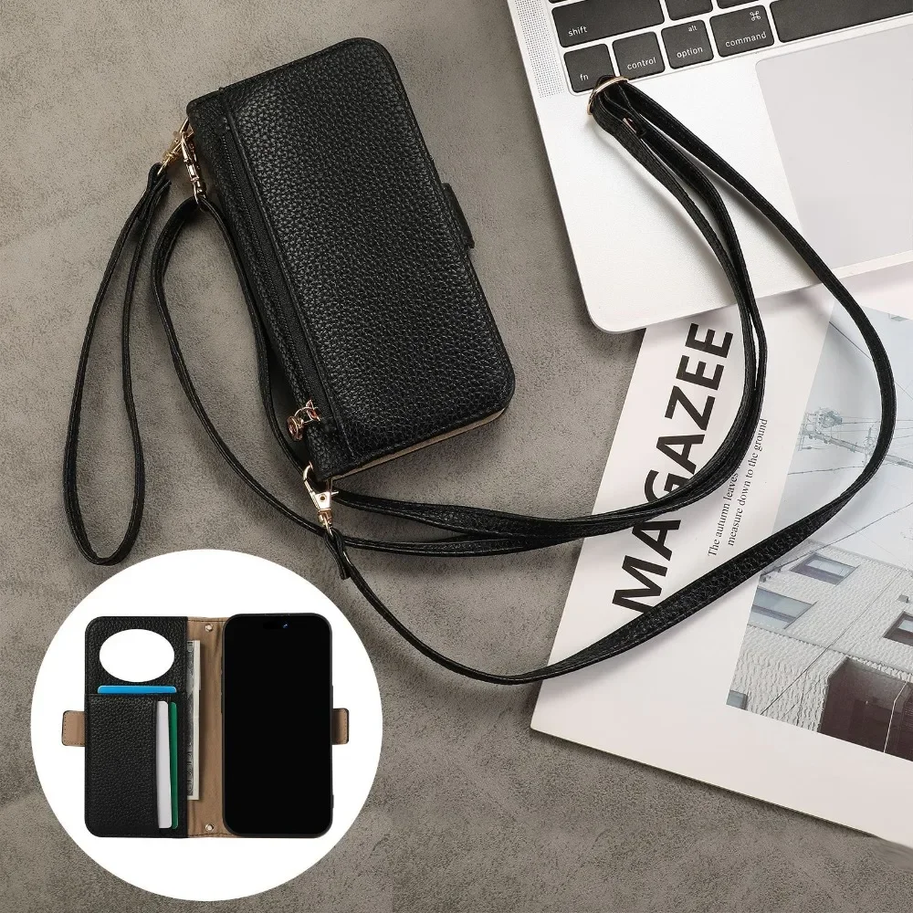 

Чехол для телефона с ремешком через плечо и молнией, кошелек с отделениями для карт, чехол для телефона для IPhone 16, 15, 14, 13, 12, 11 Pro Max, зеркальный кожаный чехол