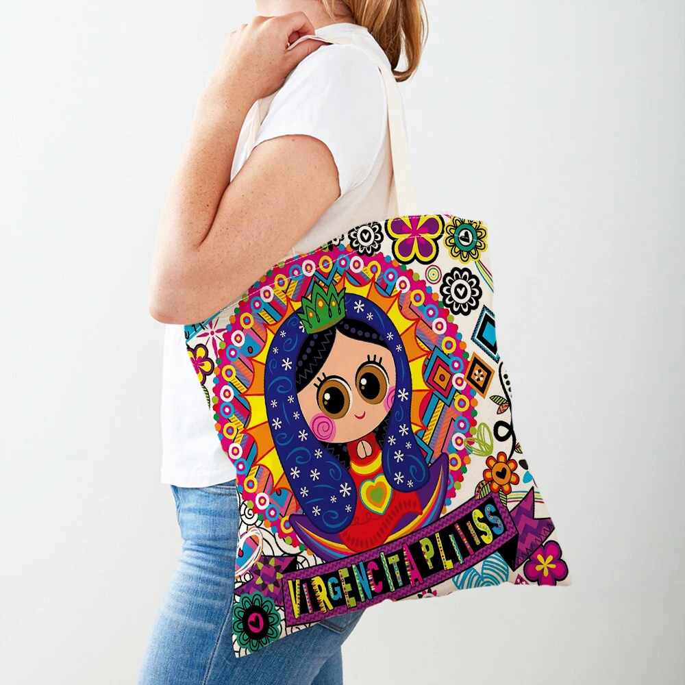 Ladies Shopping Bags Cartoon Virgin Mary Series Handbag Foldable Reusable Cloth Shopper Bag Harajuku Style Student Canvas Tote