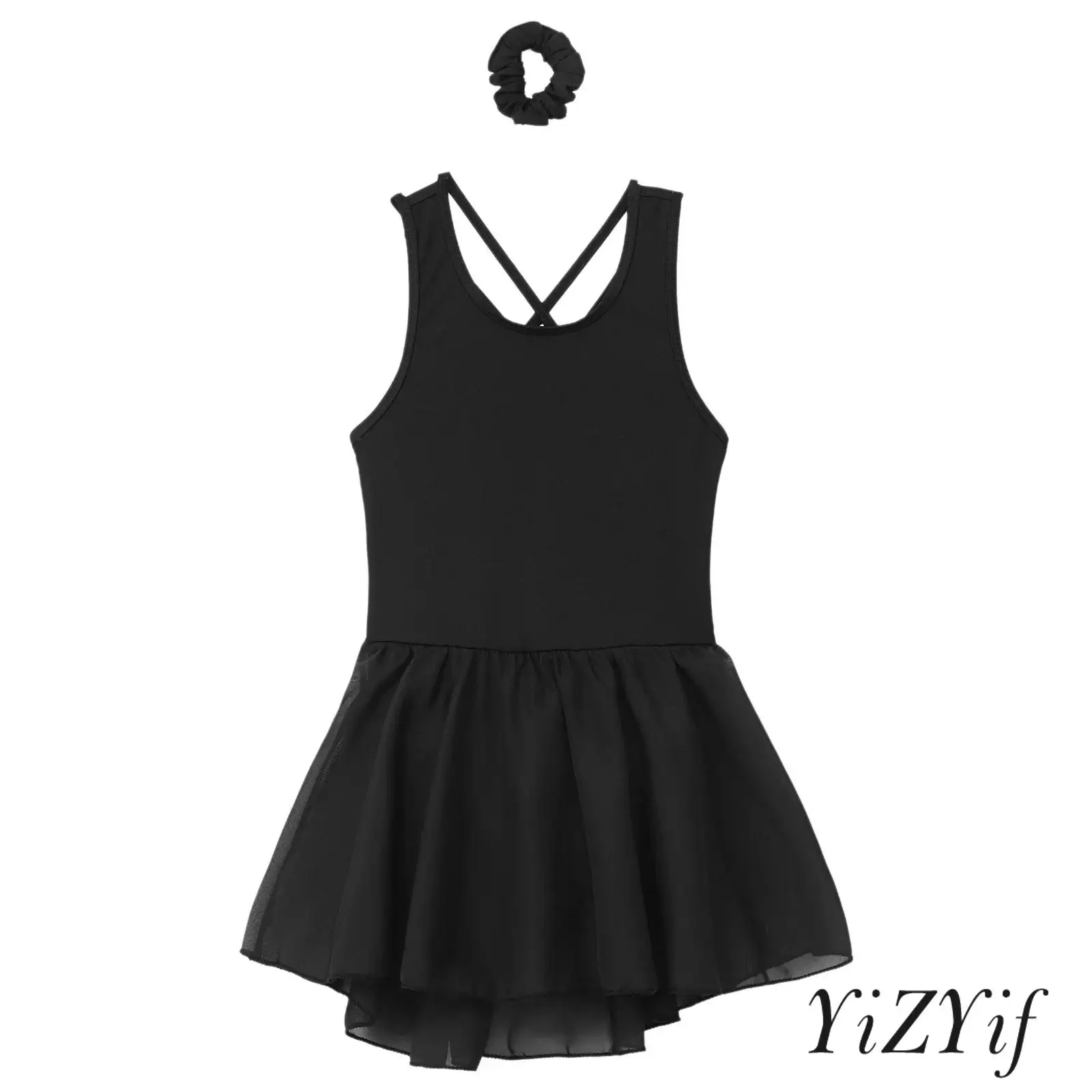 

Kids Girls Ballet Gymnastics Dance Practice Costume Sleeveless Crisscross Back Dress with Hairband Figure Skating Dancewear