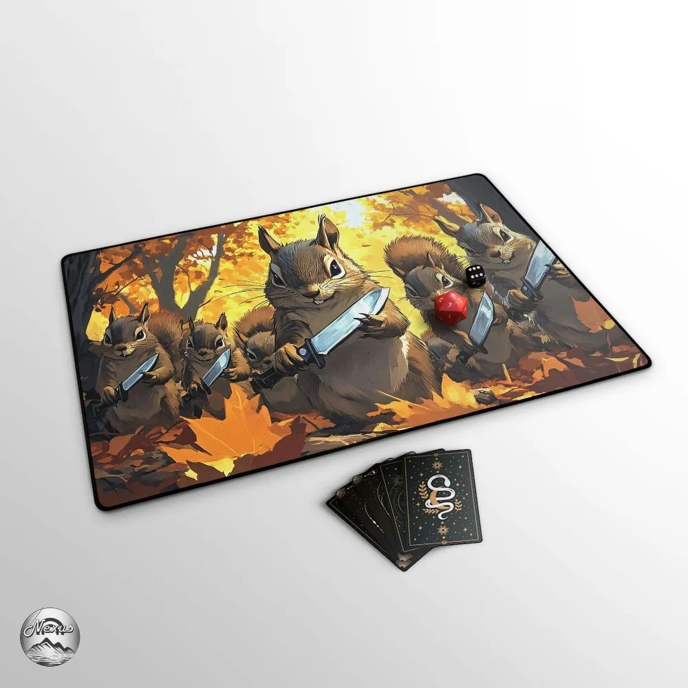 Menacing Squirrels with Knives TCG Playmat, Funny Squirrel Mat With EDH Zones, Squirrel Deck TCG Player Gift For Tabletop Gaming