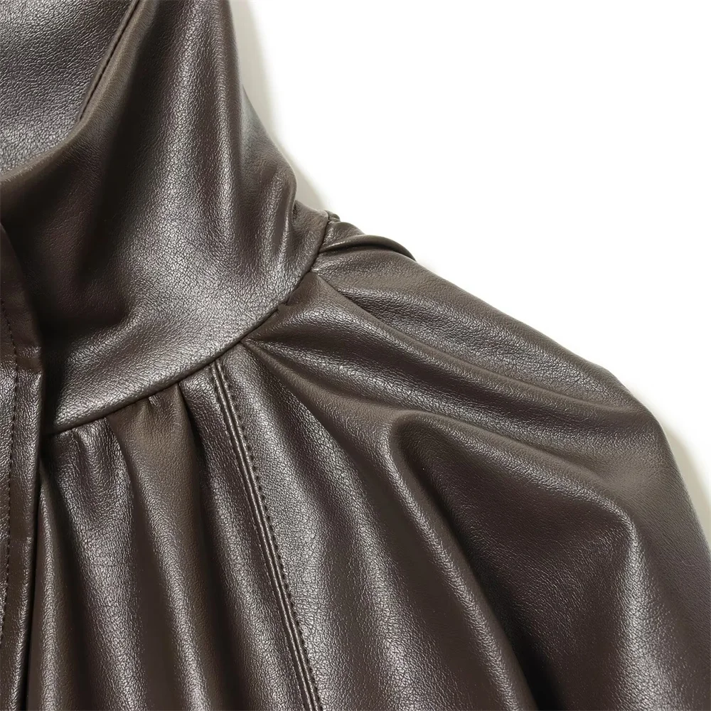 Осенний новый продукт, женская модная дизайнерская куртка с высоким воротом и длинными рукавами, пышная свободная кожаная куртка-пилот с эффектом пальто