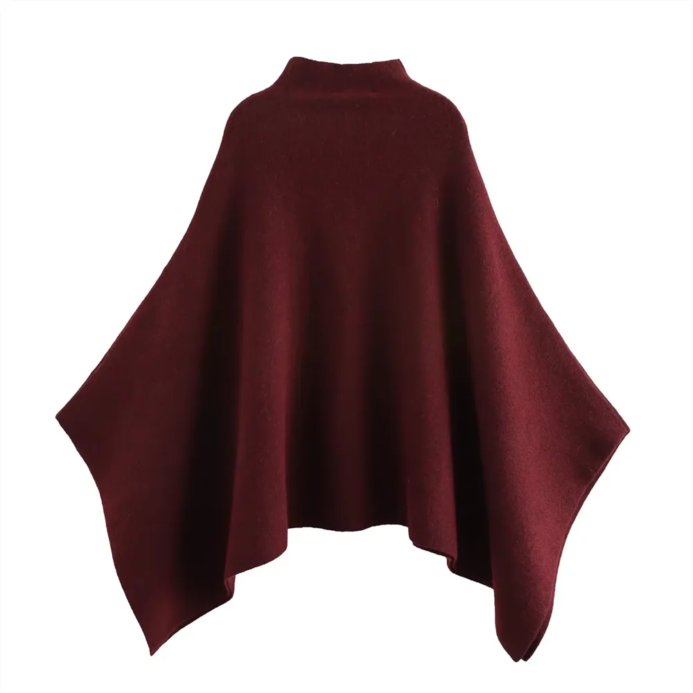 Small niche design asymmetrical wide pine stand collar wine red knit sweater cloak jacket women's winter