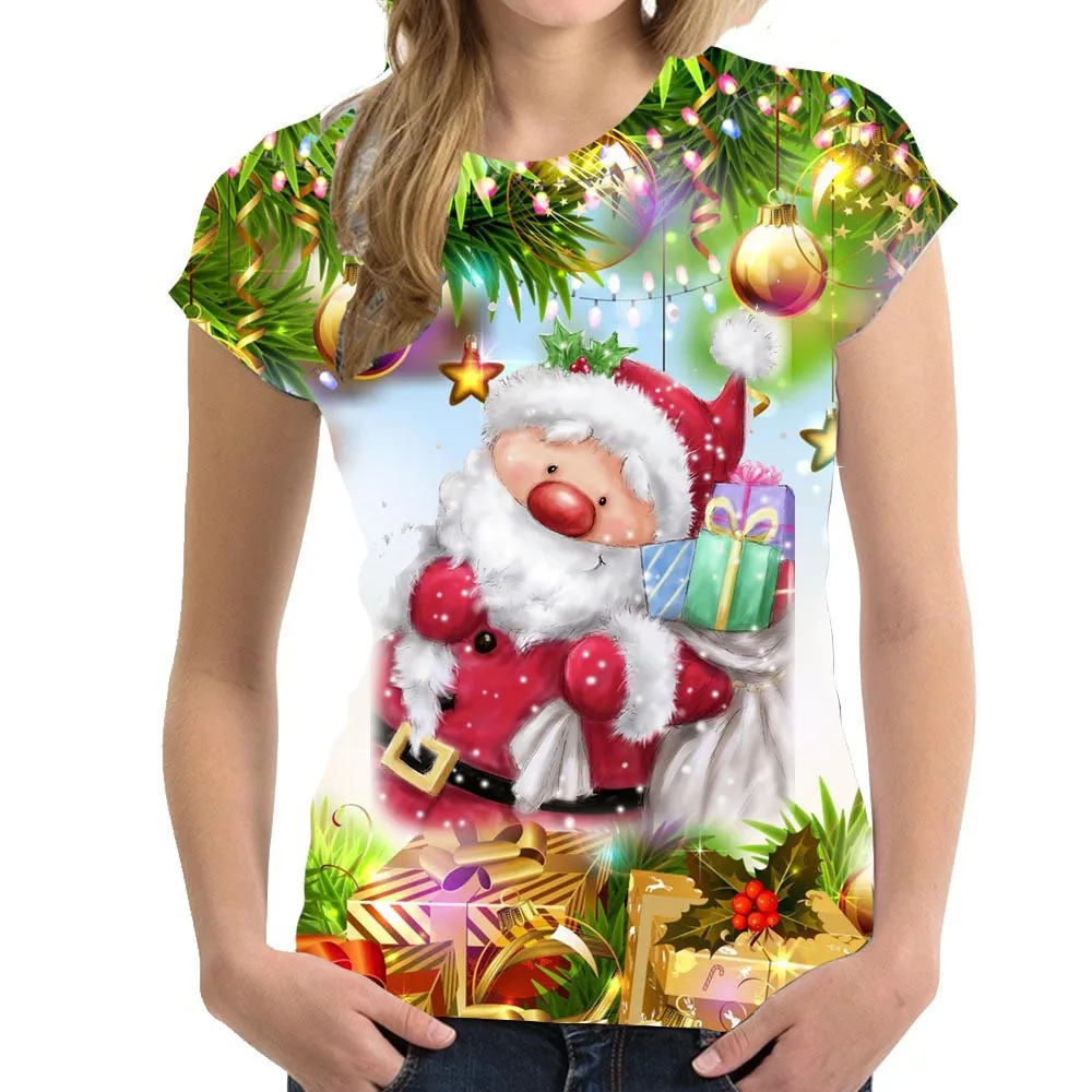 女性用ラウンドネック3DクリスマスTシャツ,半袖Tシャツ,カワイイクリスマストップス,特大婦人服,y2k,2024