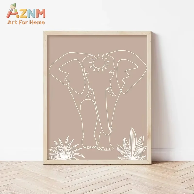 AZNM Boho Line Safari Animal Canvas Wall Art, Frameless Lion Giraffe Elephant Print, Neutral Tropical Leaf Poster for Baby Nurse