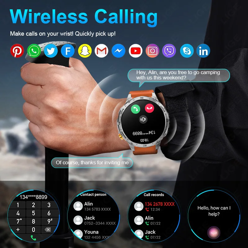 LIGE 730mAh Large Battery Ultra Long Standby Time LED Flashlight Men Bluetooth Call Smartwatch Waterproof 1.75inch Amoled Screen