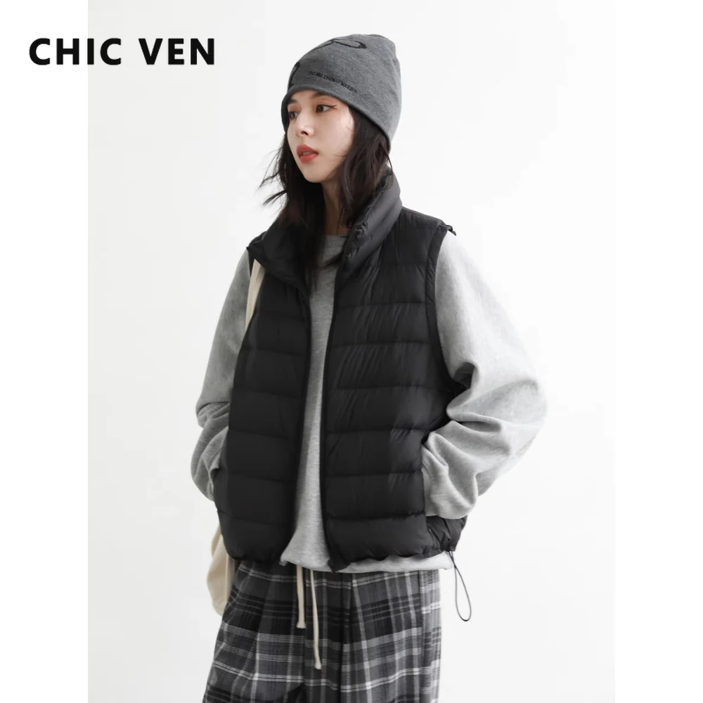 CHIC VEN Korean Women Down Coats Fashion Stand Up Collar Solid 90 White Duck Down Vests Lady Warm Jackets Autumn Winter New 2026