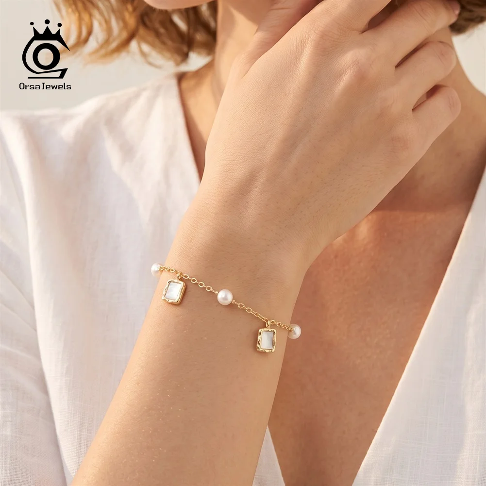 ORSA JEWELS Vintage Shell Pearl Wrist Bracelet 925 Sterling Silver Hand Crafted Elegant Jewelry for Party Wedding Ladies PSB15