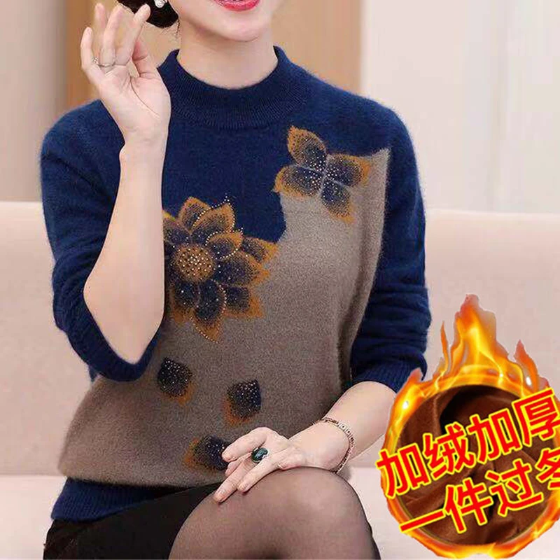 Autumn Winter Women Vintage Flower Rhinestone Elegant Plush Knitted Sweaters Fashion O Neck Long Sleeve Tops Thick Warm Jumpers