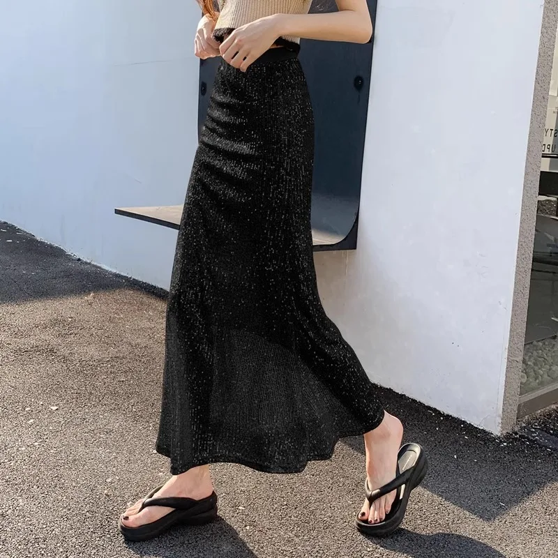 2026 New Sequined Skirt Women Summer High Waist Slim Elastic A Line Long Skirt Sparkly Hip Fishtail Elegant Party Wear