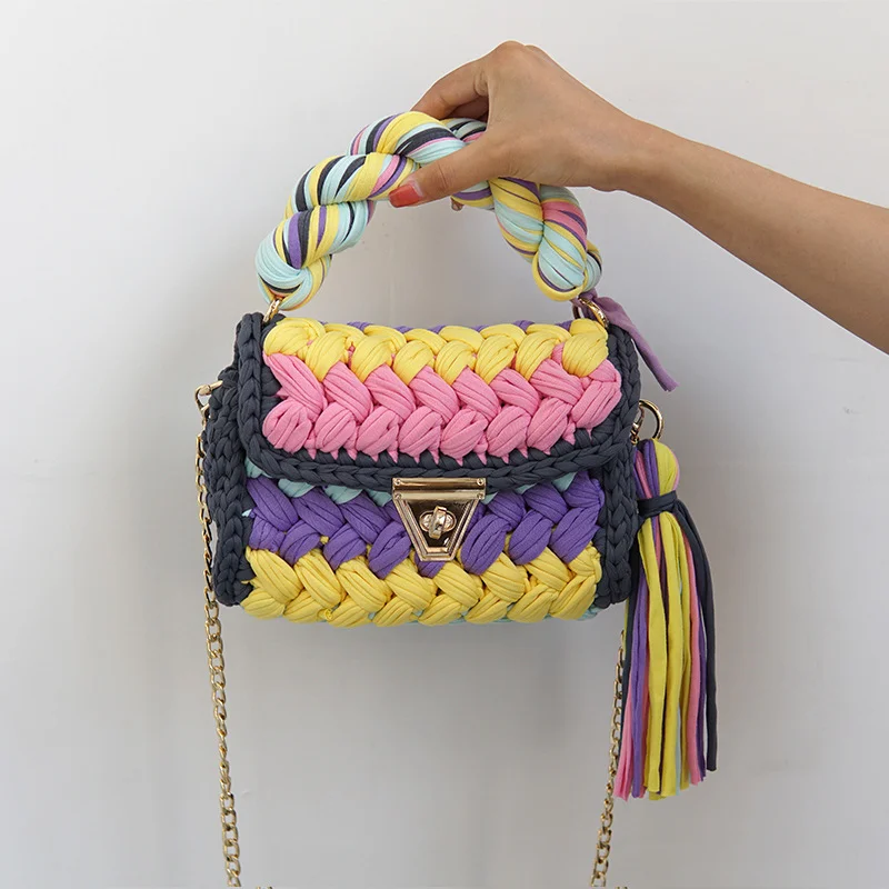 Bolsa de ombro única feita à mão para mulheres, linha de pano, moda, senhora, inclinado, fêmea