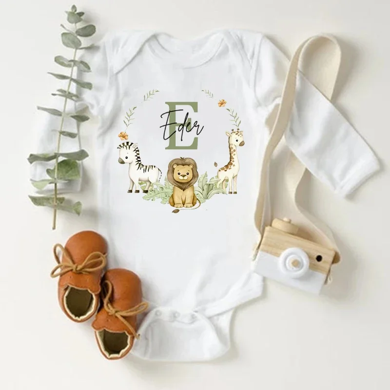 Personalized Baby Bodysuit Wild One Custom Name Newborn Romper Safari Animals Print Long Sleeve Baby Clothes Infant Shower Gift