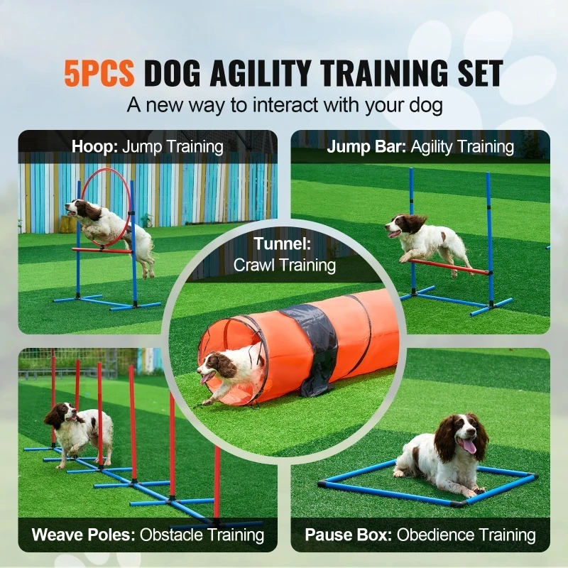 Dog Agility Training Equipment 5PCS Set Upgrade with Adjustable Hurdles Extend Tunne Puppy Obstacle Course Kit with Bag