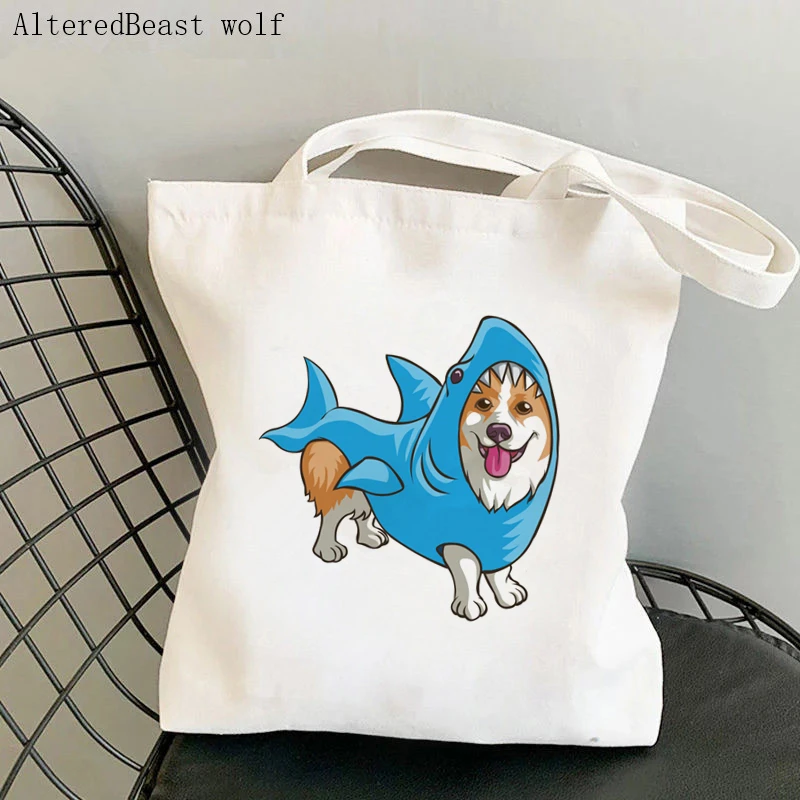 

Women Shopper bag Corgi Shark Week Kawaii Bag Harajuku Shopping Canvas Shopper Bag girl handbag Tote Shoulder Lady Bag