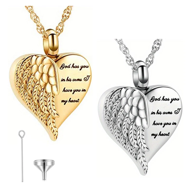 Love Heart Urn Necklace for Ashes Keepsake Memorial Cremation Jewelry Stainless Steel Angel Wing Heart Urn Locket Ashes Holder