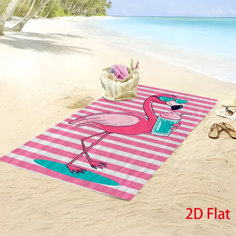 1pc Funny Flamingo Beach Towel with Heart Shaped Fashion Glasses and Blue Creamy Drink Illustration on Pink Striped