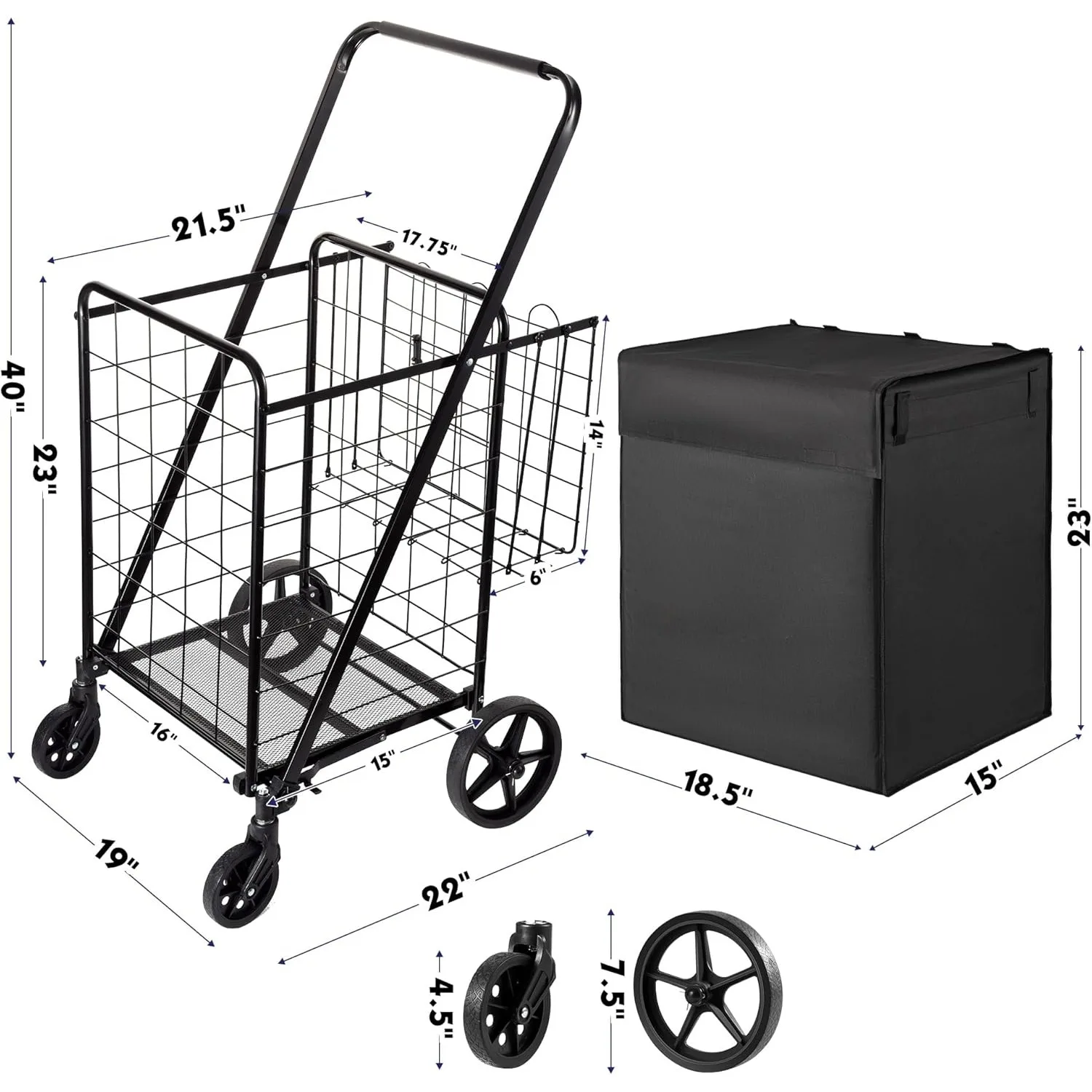 Folding Shopping Cart，Grocery Cart Large Bag with Top Cover, 340 Lb Capacity, Utility Cart with 360° Rolling Swivel Wheels