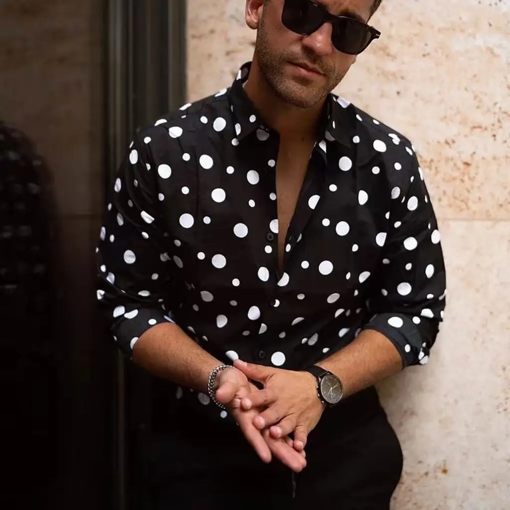 Polka Dot Long Sleeve Casual Men's Shirt Versatile Youthful Print Thickened Ultra Slim Fit Spring Autumn Winter Seasonal Use