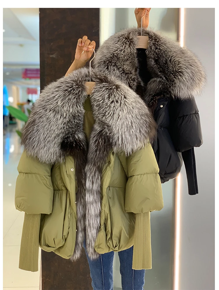 Janveny Large Real Silver Fox Fur Collar 2026 White Duck Down Jacket Women Winter Luxury Puffer Coat Oversize Feather Outwear