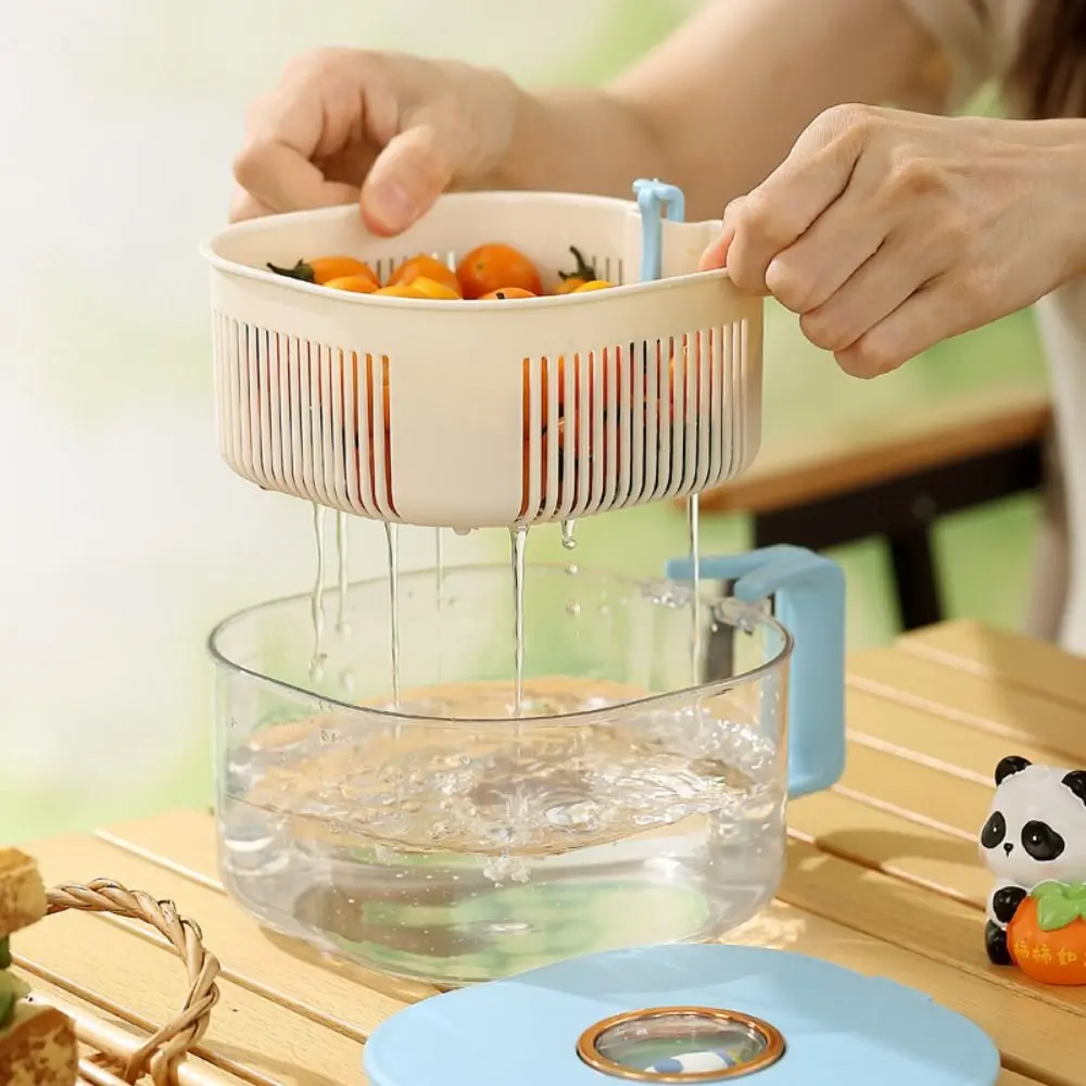 Thickened Large Drain Basket with Lid Foldable Handle Food Grade Vegetable Water Filter Leakproof with Small Forks