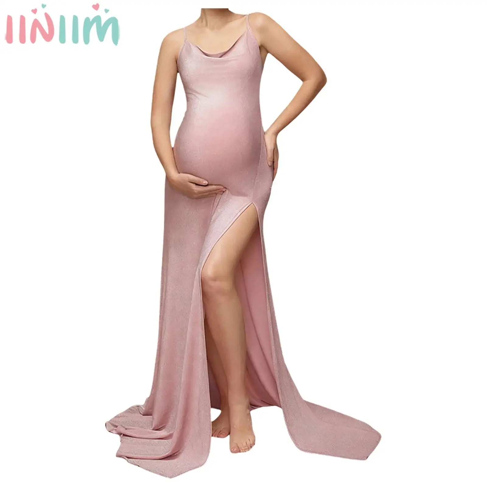 

Блестящее платье для фотосессии для беременных женщин, регулируемые бретели, подтягивающее макси-платье с разрезом для беременных, детский душ, фотосессия